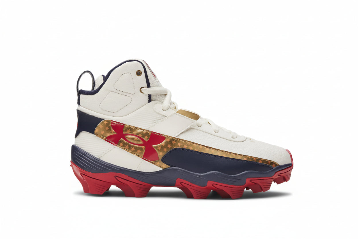 Under Armour Boys' Harper 10 RM Jr. LE USA Baseball Cleats Footwear Under Armour Stone/Midnight Navy/Flawless-279 12