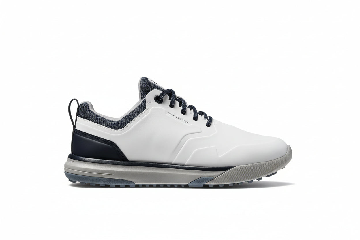 TravisMathew Men's The Daily Pro Plus Golf Shoe Footwear TravisMathew White/Total Eclipse 7.5