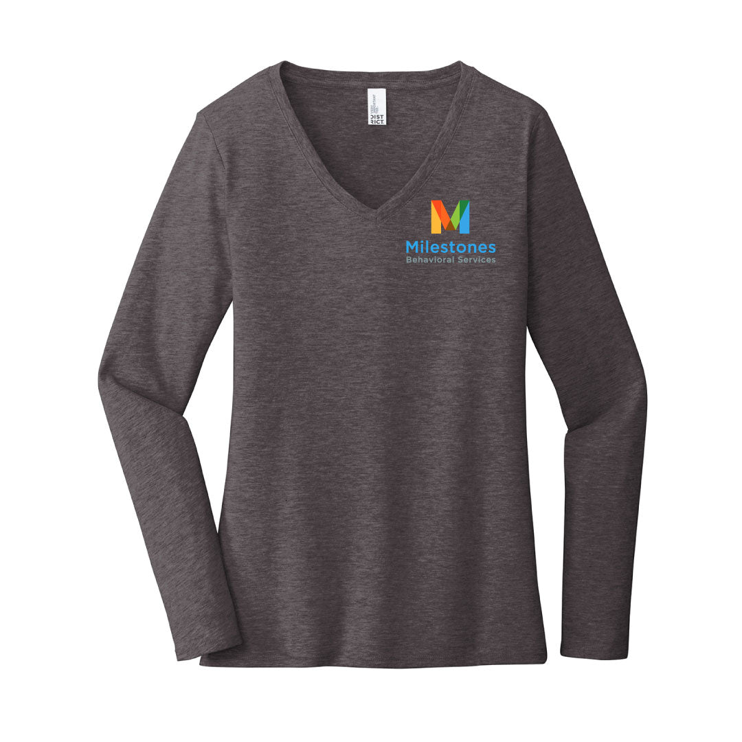 Milestones Ladies Cotton V neck Long Sleeve Logowear Milestones Behavioral Services Charcoal Ladies XS