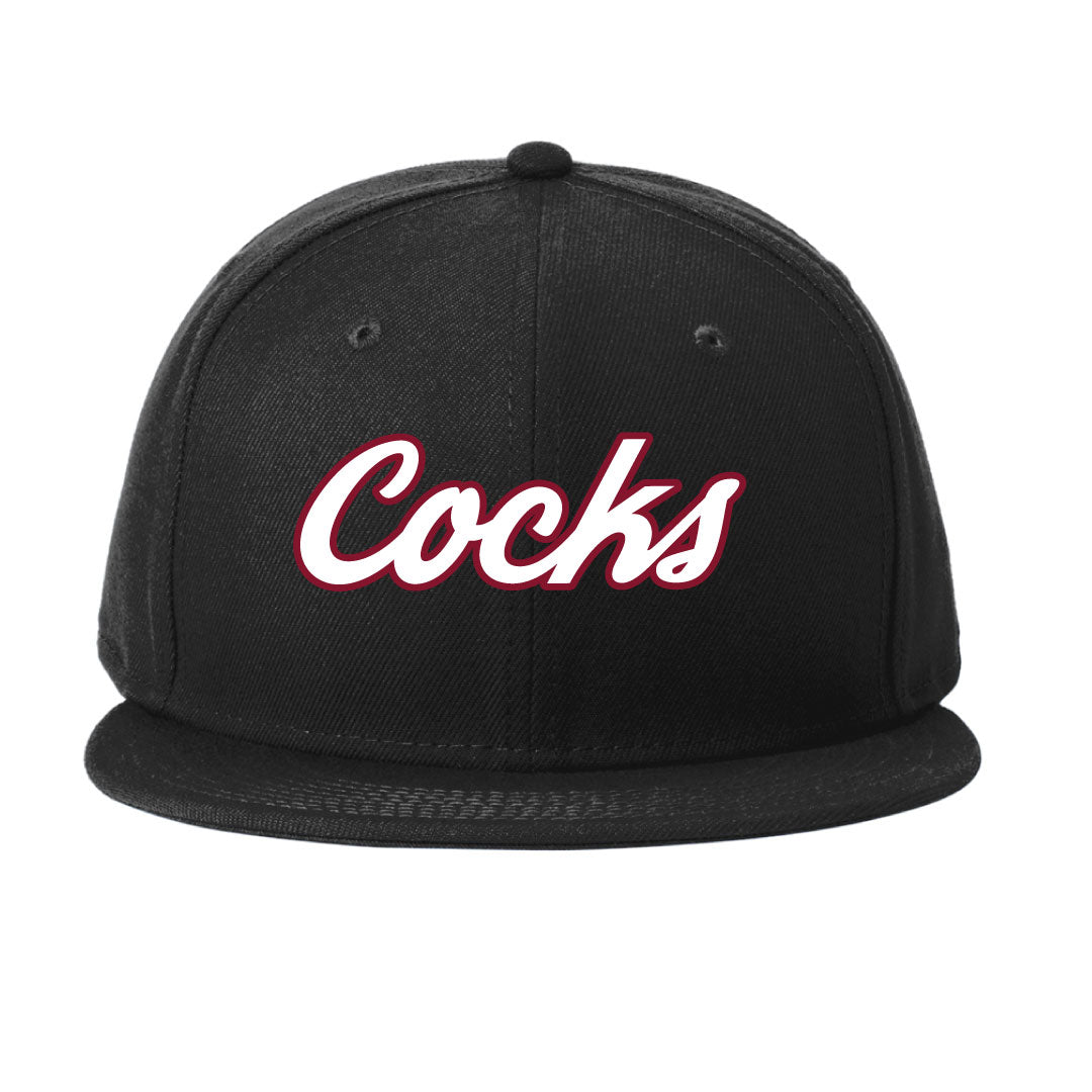 USC Rugby New Era® Standard Fit Flat Bill Snapback Cap 3D Embroidery Logowear University of So. Carolina Rugby White w Red Outlie Black Hat
