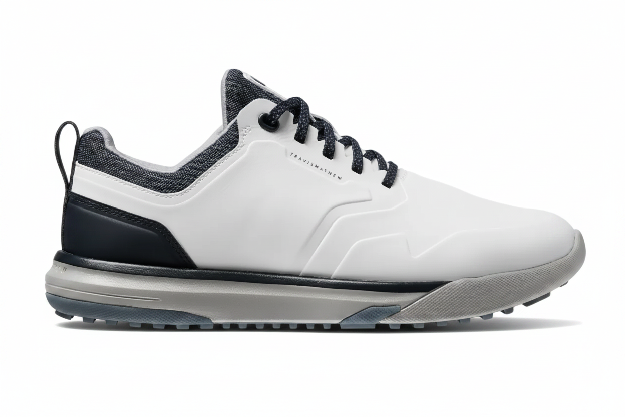 TravisMathew Men's The Daily Pro Plus Golf Shoe Footwear TravisMathew White/Total Eclipse 7.5
