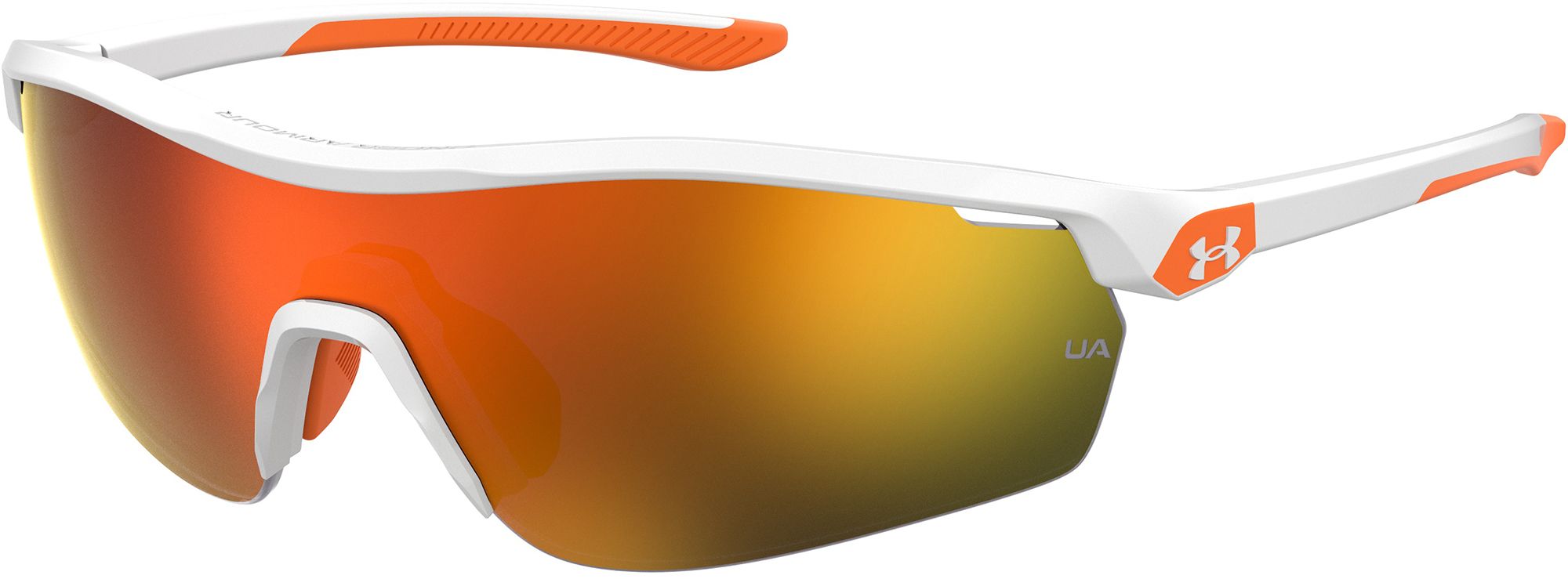 Under Armour Gametime Jr. Tuned Baseball Sunglasses Accessories Under Armour Solid White/Orange Tips/Baseball Tuned Orange Mirror  