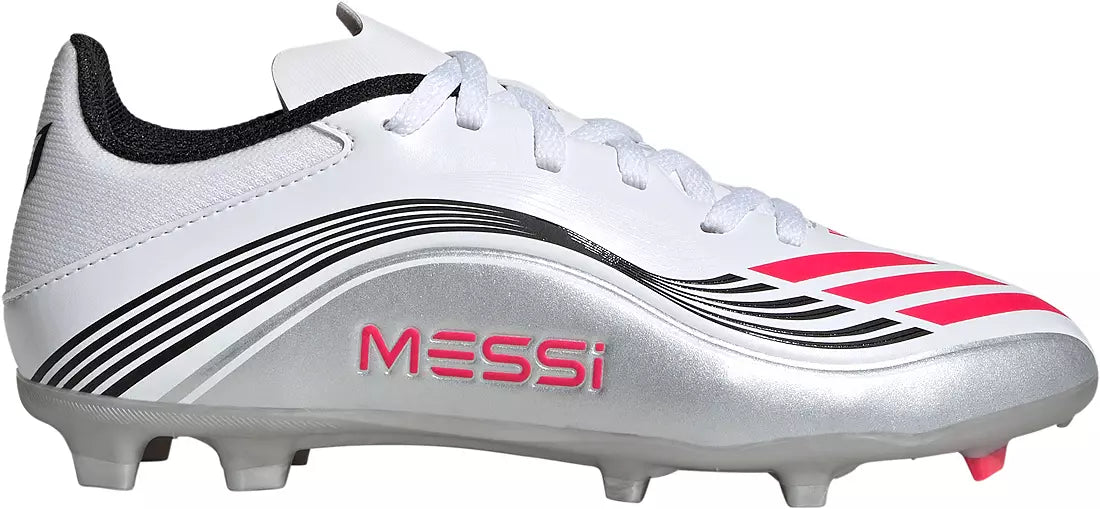 adidas Kids' F50 Messi League FG/MG J Soccer Cleats Footwear Adidas Footwear White/Lucid Red/Silver Metallic-JP7454 13
