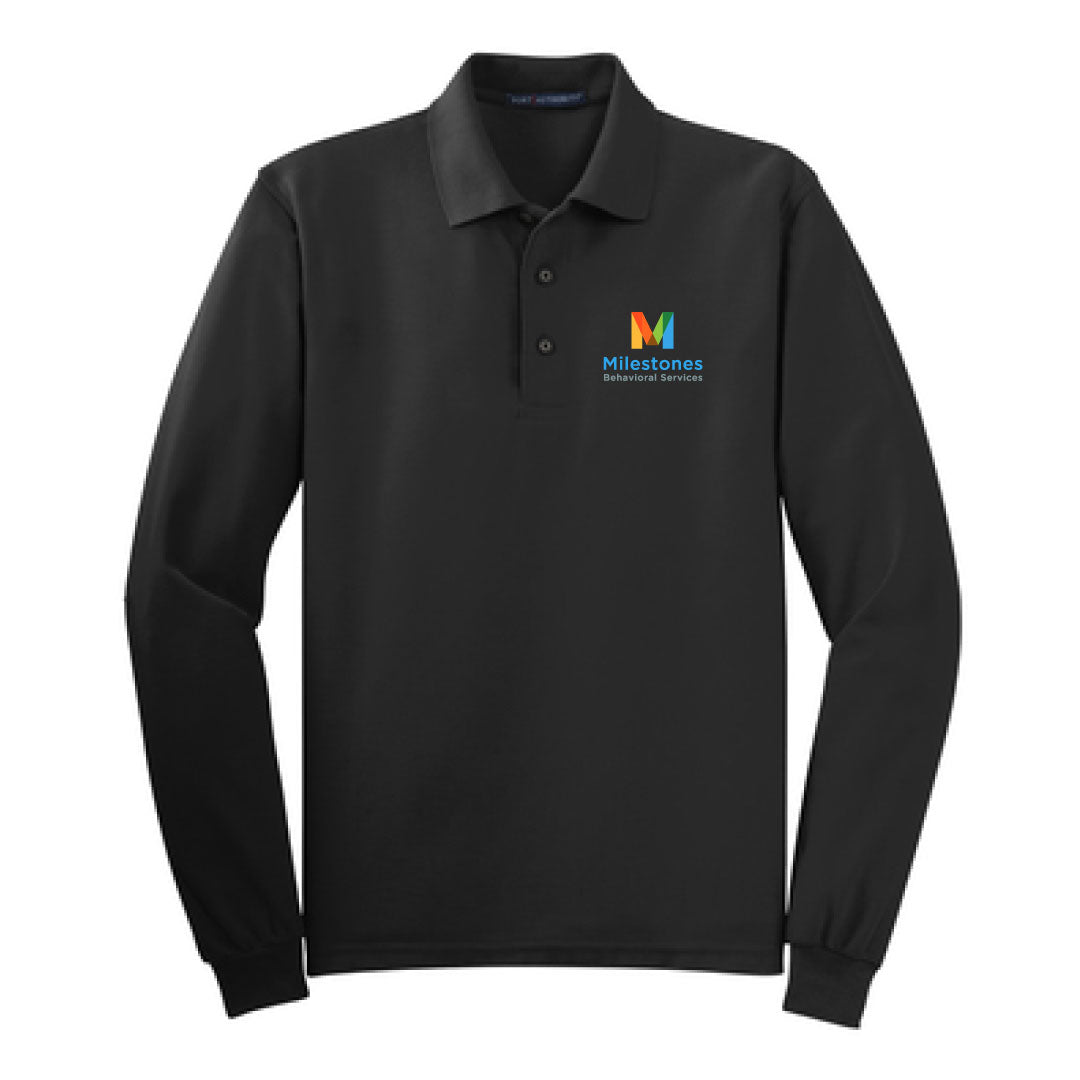 Milestones Mens Long Sleeve Polo TALL Logowear Milestones Behavioral Services Black Mens L Tall