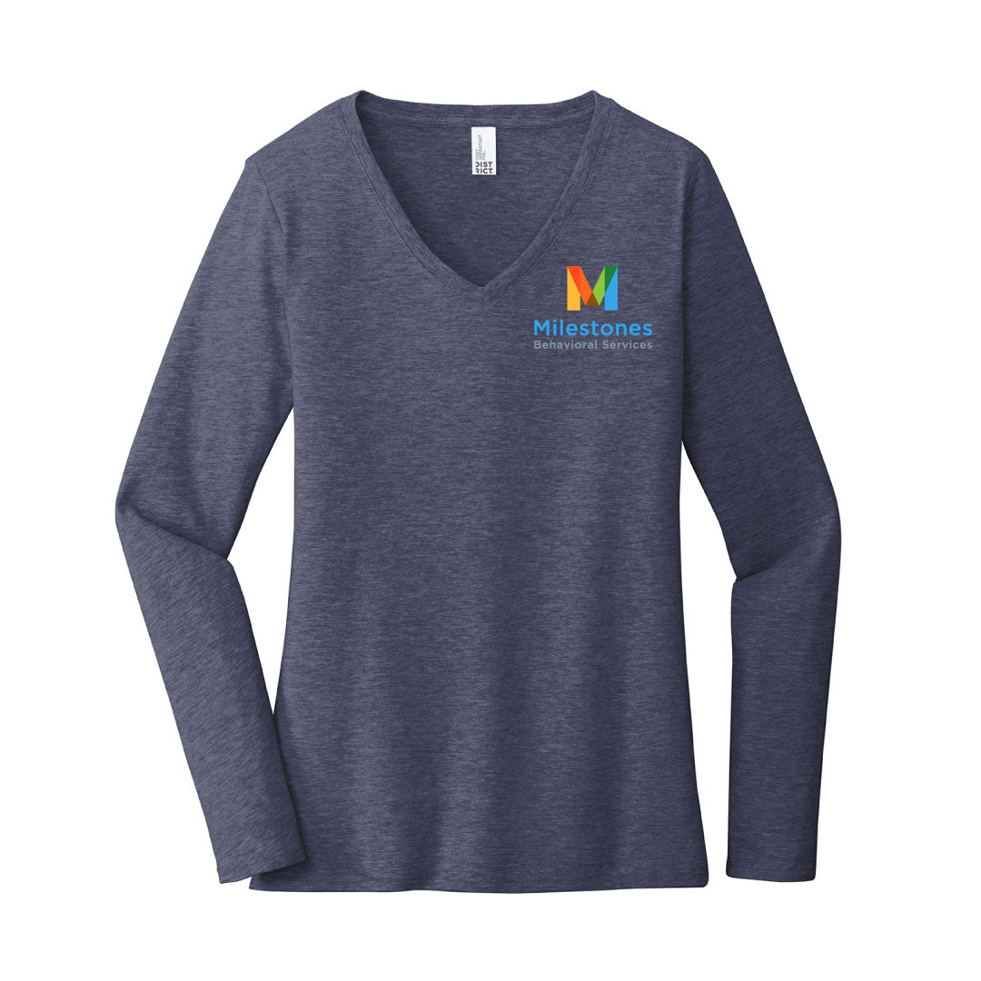 Milestones Ladies Cotton V neck Long Sleeve Logowear Milestones Behavioral Services Heathered Navy Ladies XS