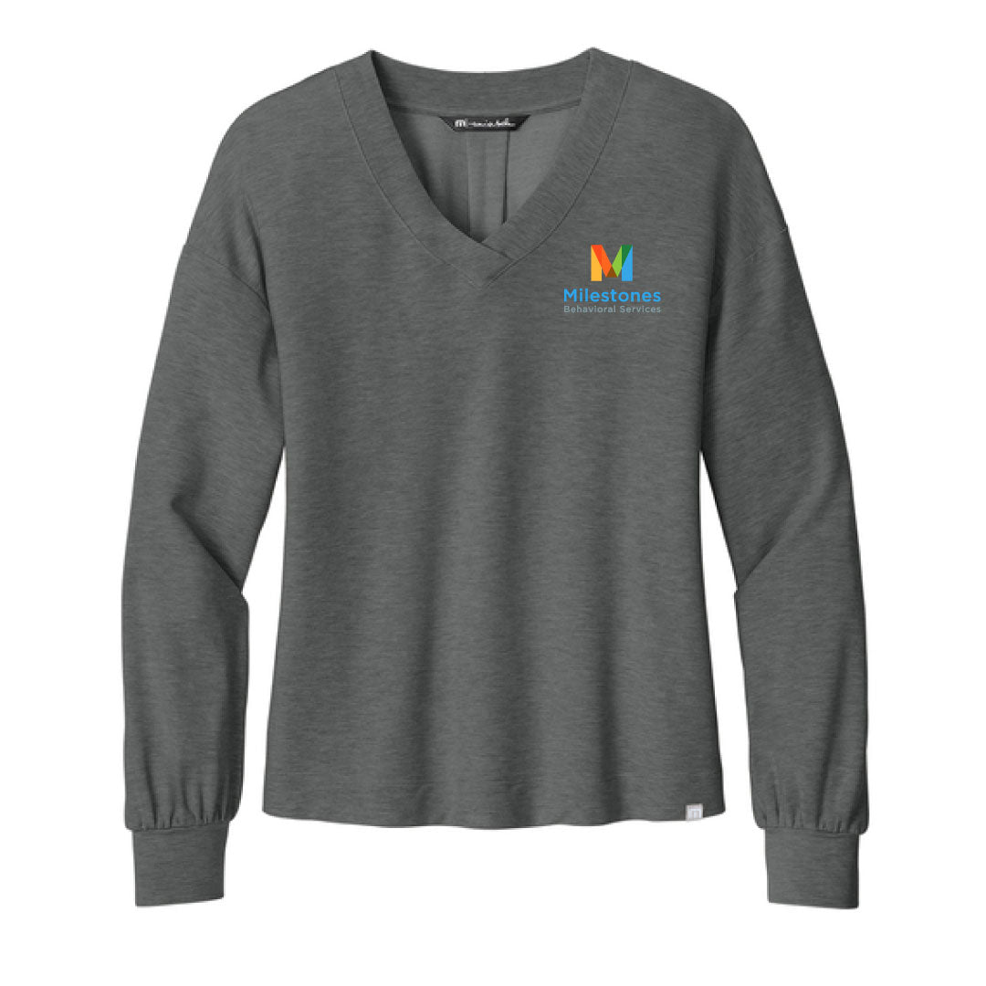Milestones Women’s TravisMathew Long Weekend V-Neck Logowear Milestones Behavioral Services Grey Heather Ladies S