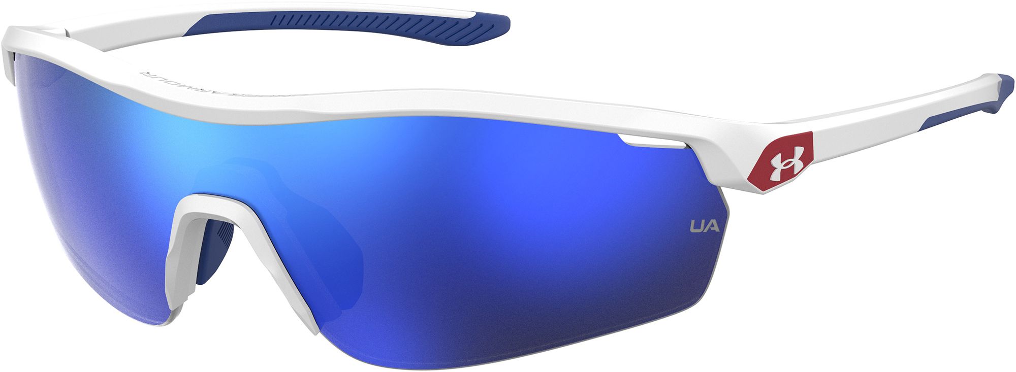 Under Armour Gametime Jr. Tuned Baseball Sunglasses Accessories Under Armour Solid White/Royal Tip/Baseball Tuned Blue Mirror  