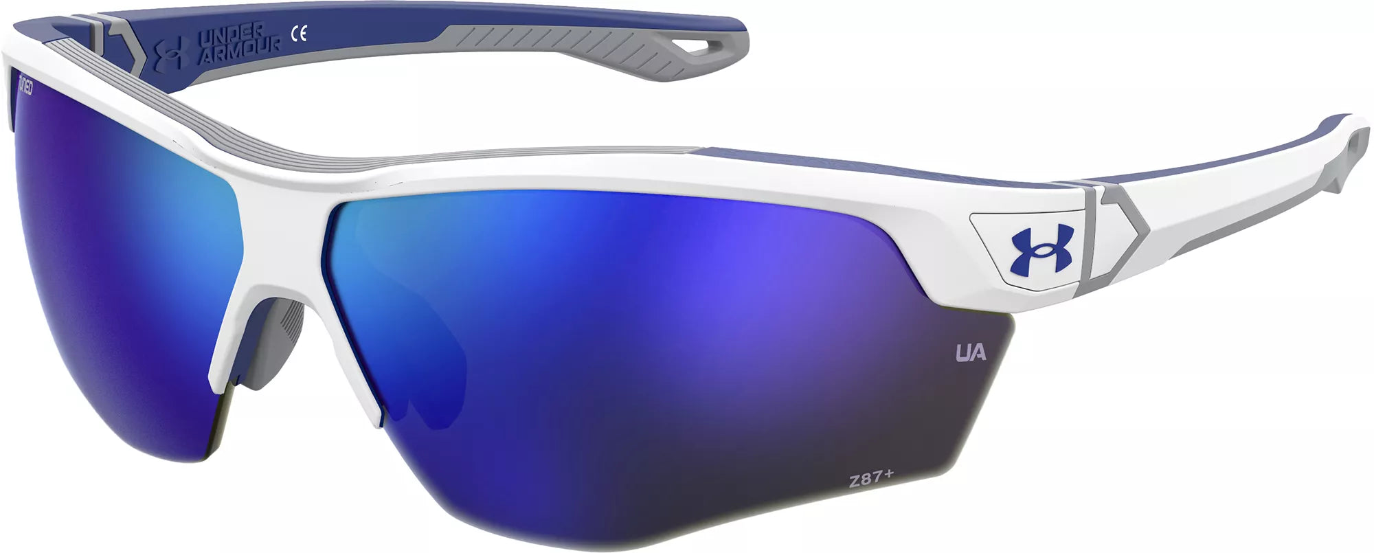 Under Armour Yard Dual Tuned Baseball Sunglasses Accessories Under Armour Matte White/Matte Royal/Mod Gray/Tuned Baseball Blue Lense  