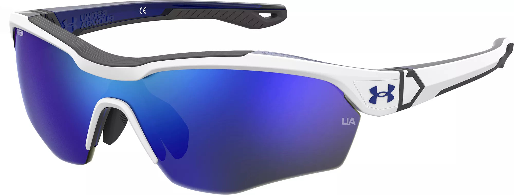Under Armour Yard Pro Jr. Tuned Baseball Sunglasses Accessories Under Armour White/Transparent Royal/ Jet Grey/Baseball Tuned Blue Mirror  